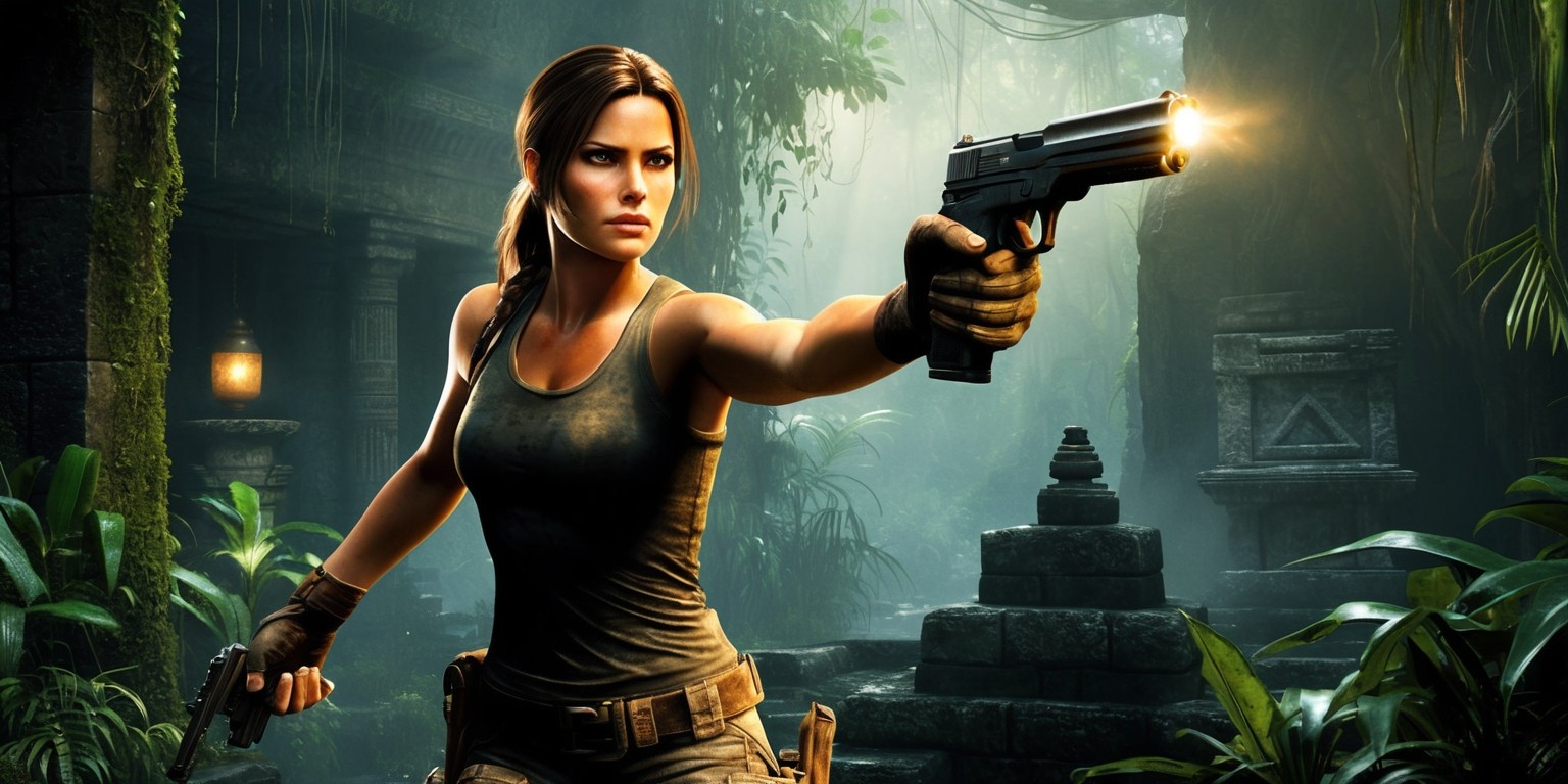 A gritty, cinematic poster featuring a determined Lara Croft, protagonist of the Tomb Raider movie, standing poised with her dual pistols in a dark, ancient temple, surrounded by humid jungle foliage, with moss-covered stone walls and mysterious artifacts in the background, lit by warm, golden light filtering through the dense foliage, with a subtle, misty atmosphere, and a sense of adventure and danger lurking in the shadows, Lara's facial features are strong and defined, with a focused expression, her hair is tied back in a ponytail, and she wears a pair of worn, brown leather gloves, a tank top, and rugged, earth-toned pants, with a utility belt around her waist, and a holstered pistol on her hip, the entire scene is rendered in a mix of earthy tones, with shades of green, brown, and beige, with a hint of golden yellow, evoking a sense of nostalgia and action.