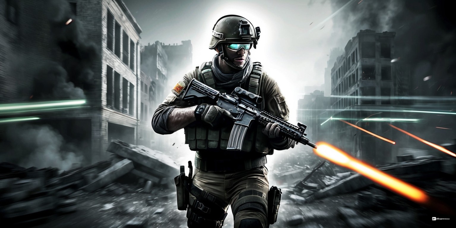 A gritty, high-contrast digital illustration of a soldier from the Call of Duty: Modern Warfare game, set against a war-torn urban backdrop with destroyed buildings, rubble, and smoke-filled skies, the soldier clad in a tactical vest, helmet, and night vision goggles, holding a rifle at the ready, with a determined expression and piercing eyes, the overall aesthetic dark and somber with muted earth tones, accented with neon HUD elements and glowing muzzle flashes, the composition dynamic and cinematic, with a shallow depth of field and dramatic lighting, the soldier positioned at the center, with blurred movement lines and debris surrounding them, conveying a sense of intensity and urgency.