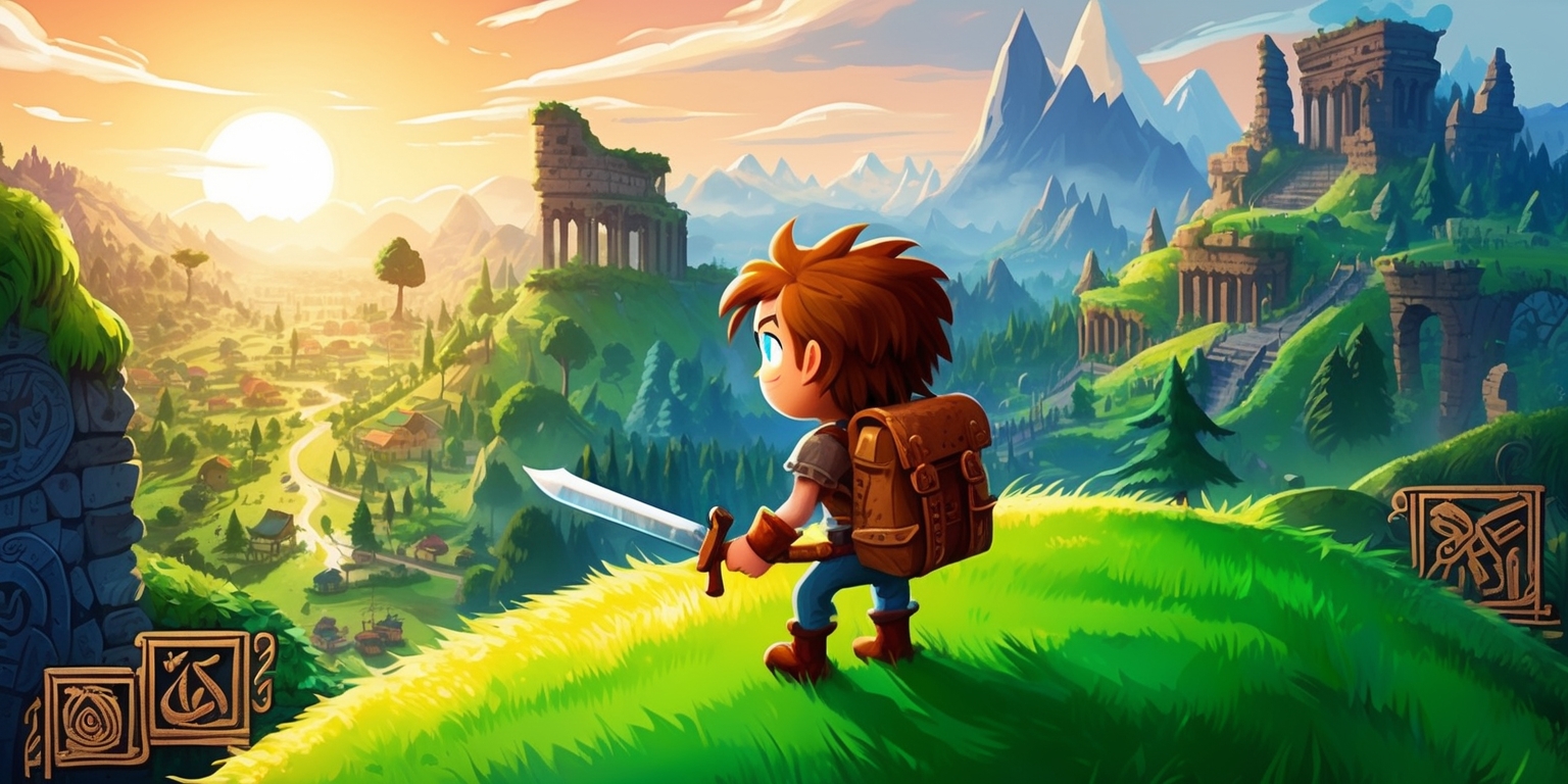 A vibrant, whimsical illustration of a fantastical world, showcasing a heroic protagonist standing atop a lush, green hillside, gazing out at a sprawling landscape filled with ancient ruins, mystical forests, and towering mountain ranges, as the warm light of a golden sun sets in the distance, casting long shadows across the terrain, with intricate details and textures reminiscent of classic platformer game art, featuring bold lines, soft colors, and a sense of wonder and discovery, with the protagonist's facial features defined by a determined expression, bright blue eyes, and a mop of messy brown hair, wearing a worn leather backpack and clutching a trusty sword, with hints of ancient runes and mystical symbols etched into the environment, inviting players to embark on an epic adventure.