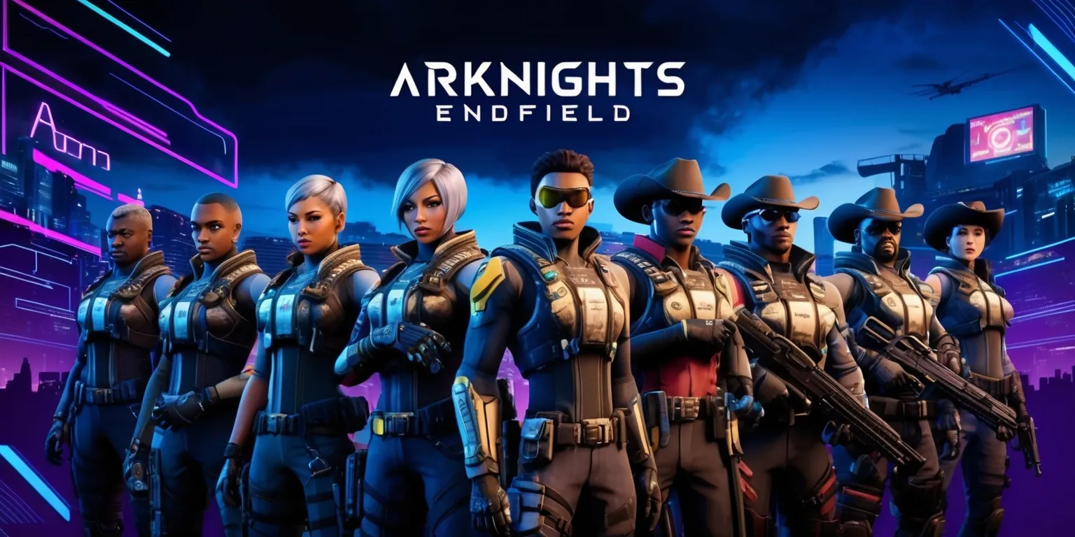 Arknights Endfield game scene with a futuristic cityscape in the background, featuring a group of operators with diverse skin colors and unique attributes, such as Rhodes Island's leader Amiya with short silver hair and blue eyes, standing beside other characters like Texas with his cowboy hat and sunglasses, all wearing intricate armor and tactical gear, with a mix of digital and industrial elements, set against a dark blue and purple twilight sky with neon lights and holographic displays, in a dynamic composition with bold lines and vibrant colors, with the game's logo in a sleek, modern font at the top of the image.