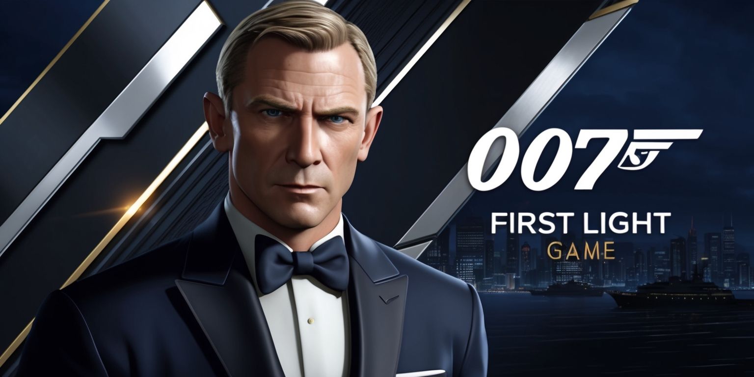 A cinematic image of James Bond from the 007 First Light game, set against a high-stakes missions backdrop with a cityscape at dusk, featuring a dark and sophisticated color palette with hues of navy blue, silver, and gold, with Bond prominently displayed in a tailored tuxedo, his facial features chiseled and determined, his skin a smooth, youthful complexion, his eyes a piercing blue, his hair perfectly styled, holding a sleek, high-tech gadget in his hand, with the 007 First Light game logo subtly integrated into the scene, in a bold, metallic font, with a hint of light reflecting off the surfaces, creating a sense of depth and realism, the overall style inspired by modern video game graphics, with crisp lines, intricate details, and a focus on dynamic lighting, composition, and texture.
