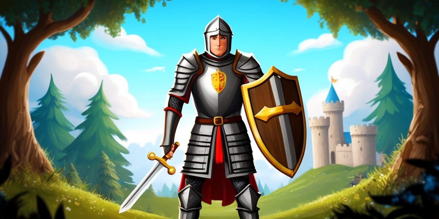 A medieval-themed adventure game scene with a brave knight standing in the center, wearing a suit of armor with a golden crest on the chest, holding a sword in one hand and a shield in the other, with a determined expression on his face, set against a backdrop of a mystical forest with tall trees, a castle in the distance, and a bright blue sky with fluffy white clouds, the atmosphere is filled with a sense of excitement and danger, with a subtle glow of magic in the air, the color palette is dominated by earthy tones such as brown and green, with accents of silver and gold, the style is reminiscent of classic fantasy illustrations, with intricate details and textures, the layout is dynamic, with the knight placed off-center, and the framing is tight, with the surrounding environment blurred to emphasize the hero's presence.