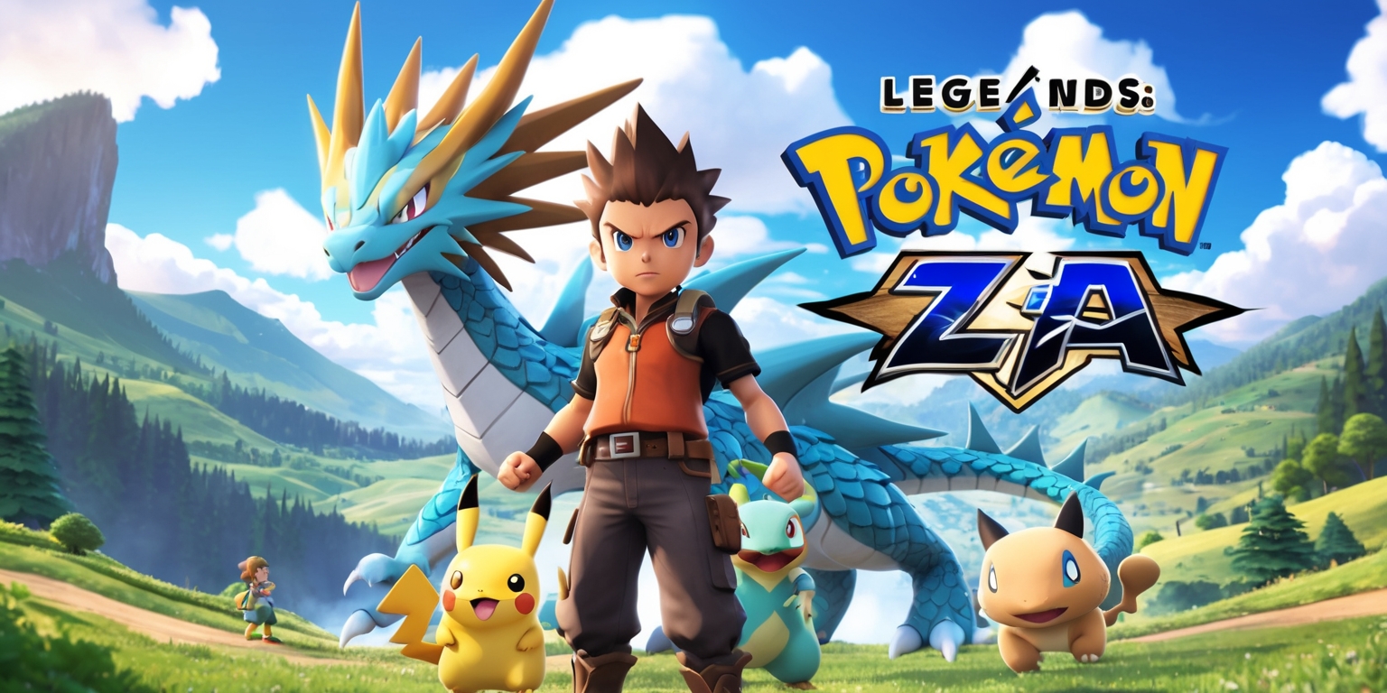 A vibrant, action-packed scene from Pokémon Legends: Z-A game, featuring a young, determined trainer with short, spiky hair and a strong facial expression, standing heroically in the foreground with a few Pokémon by their side, including a large, majestic dragon-like Pokémon with scales glistening in shades of blue and gold, set against a stunning, picturesque landscape with rolling hills, dense forests, and towering mountains in the background, under a bright, sunny sky with fluffy white clouds, with the Pokémon Legends: Z-A game logo prominently displayed in bold, modern font with a metallic sheen, in a dynamic layout that conveys a sense of excitement and adventure, with a mix of earthy tones and bright colors that bring the world of Pokémon to life.