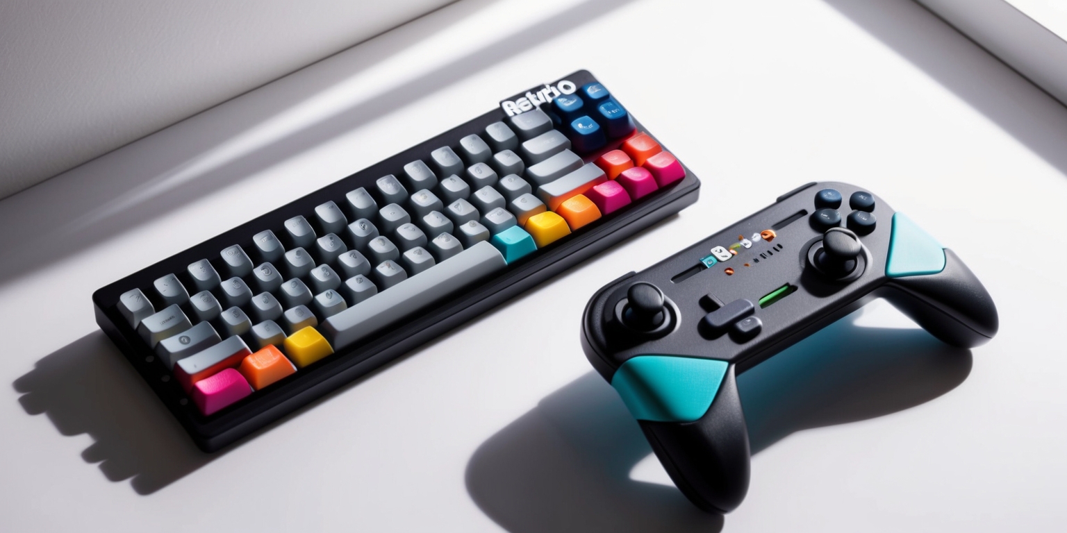 A high-angle shot of the 8BitDo Retro Wireless Mechanical Keyboard and Super Stick bundle on a clean, white background, with the keyboard centered and the controller placed at a slight angle beside it, both devices showcasing their retro-inspired designs and vibrant color schemes, the keyboard featuring a compact tenkeyless layout with clicky mechanical switches and a sleek, modern aesthetic, its body a matte black with accents of bright, poppy colors, while the Super Stick boasts a ergonomic design with a sturdy, rubberized grip and a palette of deep blues and whites, the overall composition exuding a sense of nostalgia and playfulness, with subtle shadows and soft, natural lighting highlighting the texture and contours of the devices.