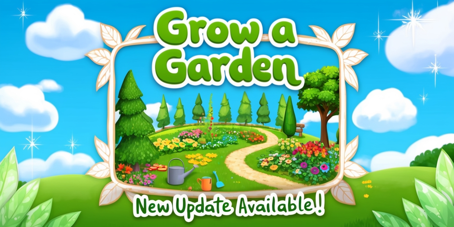 A whimsical, vibrant illustration depicting the concept of Grow a Garden game update, set against a bright blue sky with fluffy white clouds, featuring a lush, blooming garden with various colorful flowers, towering trees, and winding paths, with a few gardening tools and a watering can scattered around, surrounded by a subtle, ornate frame with intricate leaf patterns, the words Grow a Garden written in bold, curly, green font at the top, with a smaller text New Update Available! written in a playful, cursive script below, with a few sparkling, shimmering stars scattered throughout the design to convey a sense of magic and excitement.