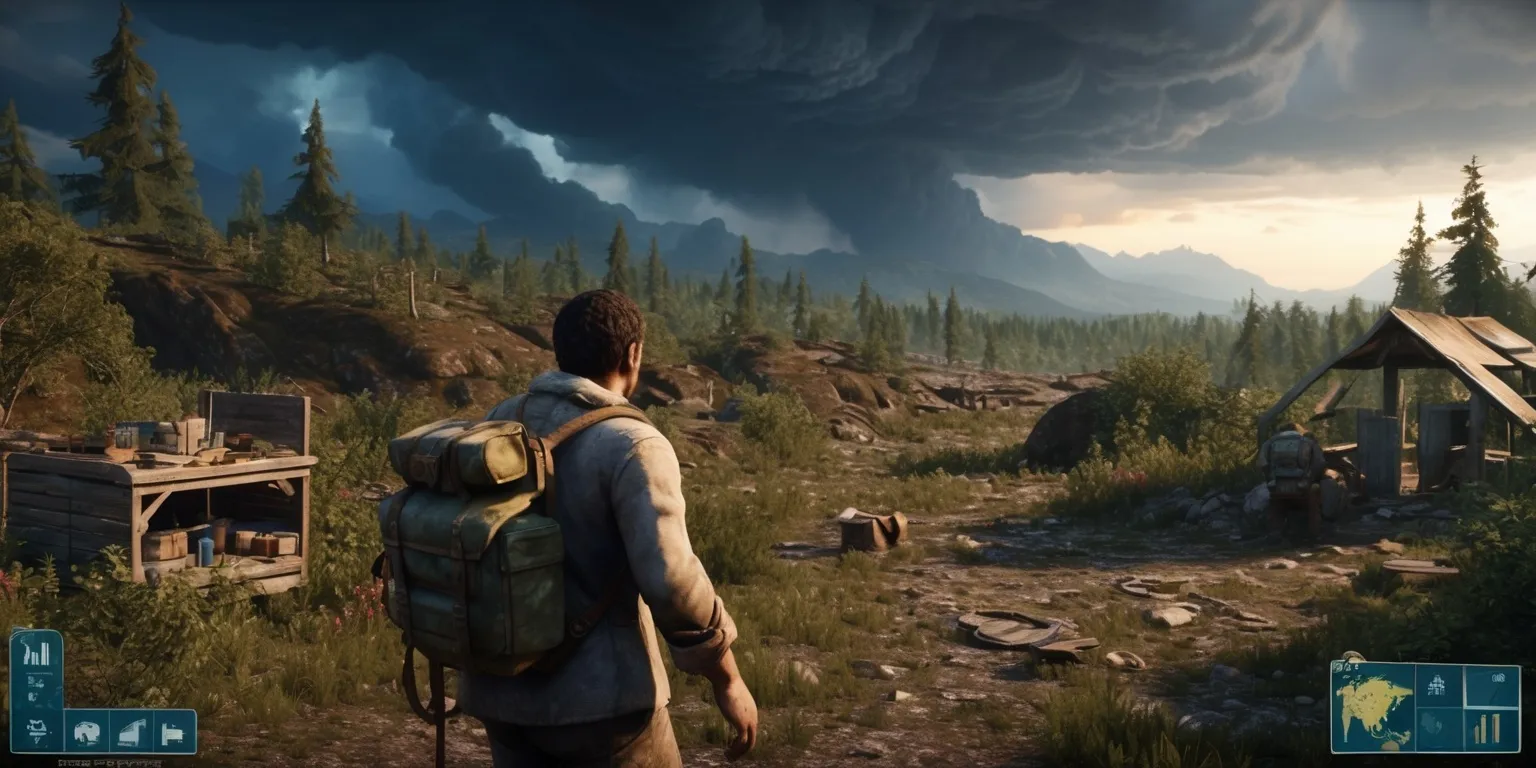 A cinematic mobile survival game scene featuring a lone survivor navigating a dense wilderness after an environmental catastrophe, with rugged terrain, overgrown vegetation, abandoned structures, scattered supplies, a makeshift shelter, and distant mountains beneath dramatic storm clouds. Show the survivor in practical worn clothing carrying a backpack and survival tools, viewed from a dynamic third-person perspective suited to a mobile game interface. Use detailed stylized 3D game art, atmospheric lighting, rich earthy greens and browns contrasted with cool blue-gray shadows and warm sunset highlights, clear readable silhouettes, immersive depth, polished textures, and a balanced composition with open space for mobile HUD elements.