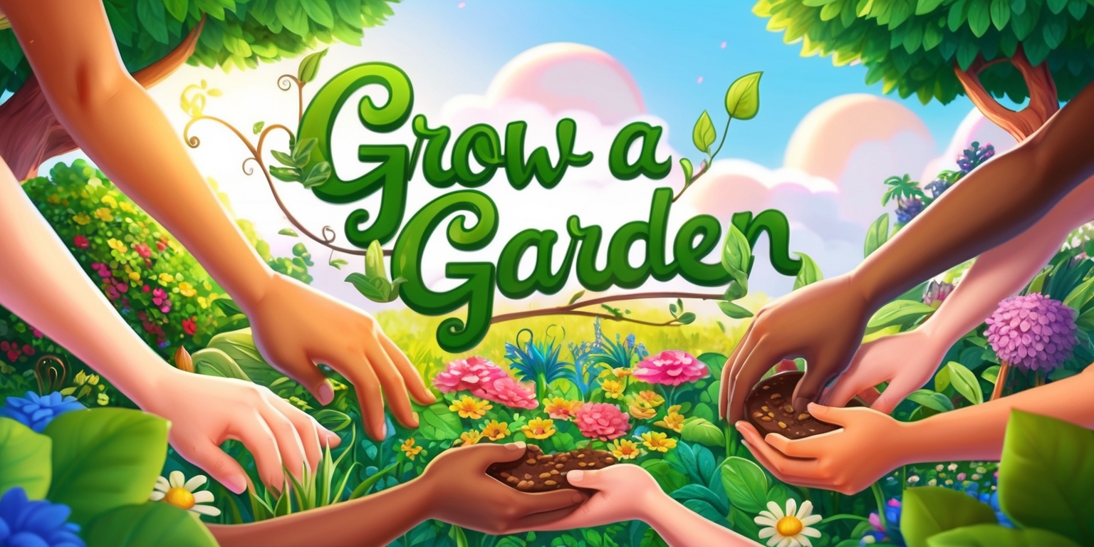 A whimsical illustration of a video game scene, where a beautiful, vibrant garden is being grown and tended to by multiple hands of various skin tones, with intricate details on the facial features, showcasing a sense of community and togetherness, surrounded by lush greenery, colorful flowers, and thriving trees, with a mix of realistic and fantastical elements, set against a bright, sunny background with fluffy white clouds, incorporating gentle, curved lines and organic shapes, with a warm, inviting color palette, possibly including pastel shades, and a subtle, shimmering effect to give a sense of magic and wonder, with the game title Grow a Garden displayed prominently in bold, cursive script, with leaves and vines entwined around the letters, adding to the whimsical atmosphere.
