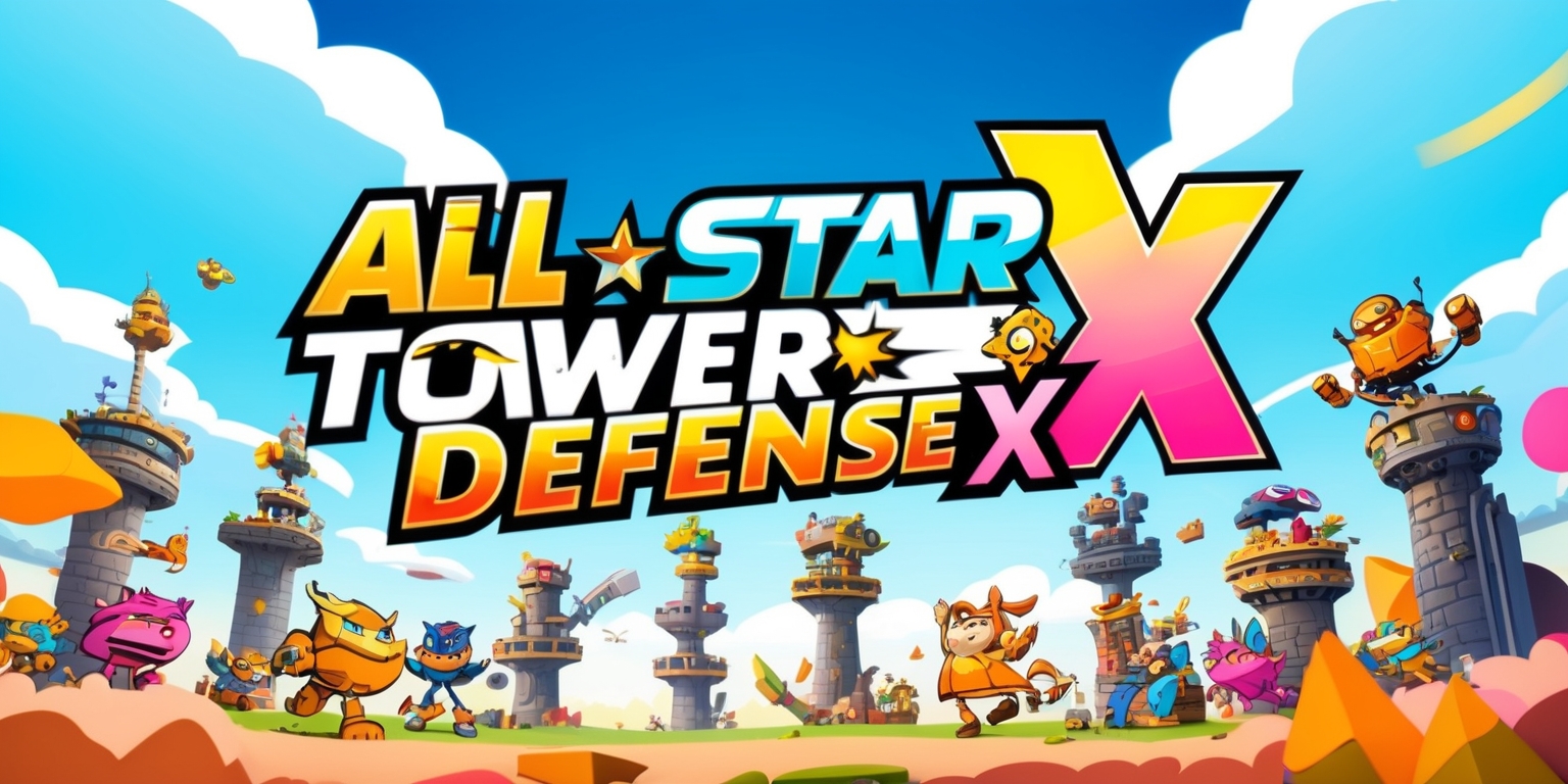 A vibrant and detailed illustration of the All Star Tower Defense X game, featuring a variety of colorful cartoon characters and towers, set against a bright blue sky with fluffy white clouds, with a subtle gradient effect in the background, and a mix of bold and cursive font styles for the game's title and logos, with the characters and towers arranged in a dynamic and action-packed layout, capturing the game's exciting and adventurous atmosphere, with a warm and inviting color palette that includes shades of yellow, orange, and pink, and a few subtle shadows and highlights to add depth and dimension to the scene.