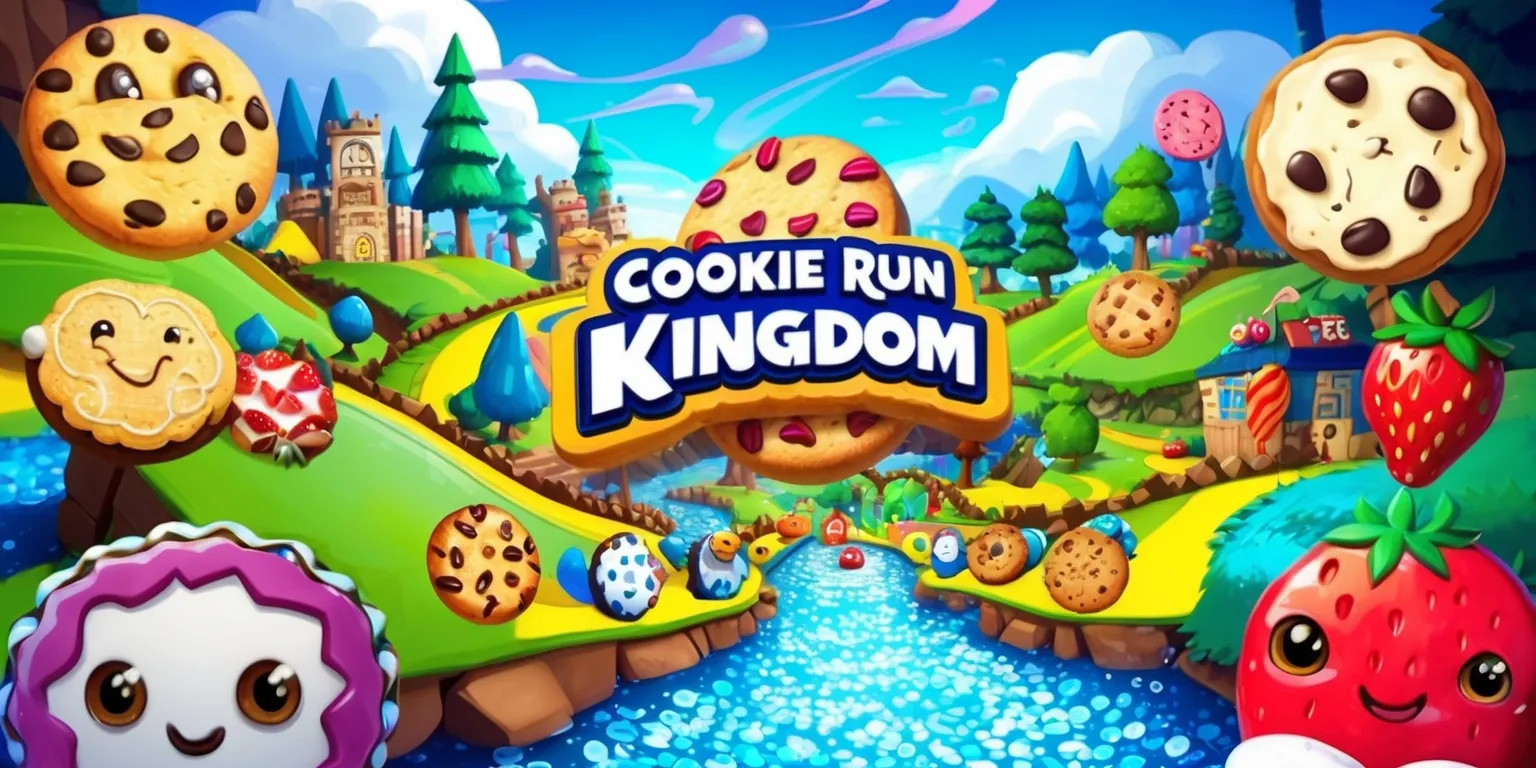 A vibrant and detailed illustration of the Cookie Run Kingdom game, featuring a variety of colorful cookies with unique designs and accessories, set against a lively and imaginative background with rolling hills, tall trees, and sparkling water, with a bright blue sky and fluffy white clouds, and incorporating various game elements such as buildings, obstacles, and power-ups, with bold lines, textures, and dynamic lighting, and a mix of digital painting and cartoon-style graphics, showcasing the game's whimsical and adventurous atmosphere, with a focus on the cookies' facial expressions, skin colors, and distinctive attributes, including Pure Vanilla Cookie, Strawberry Cookie, and others, highlighting their personalities and characteristics.