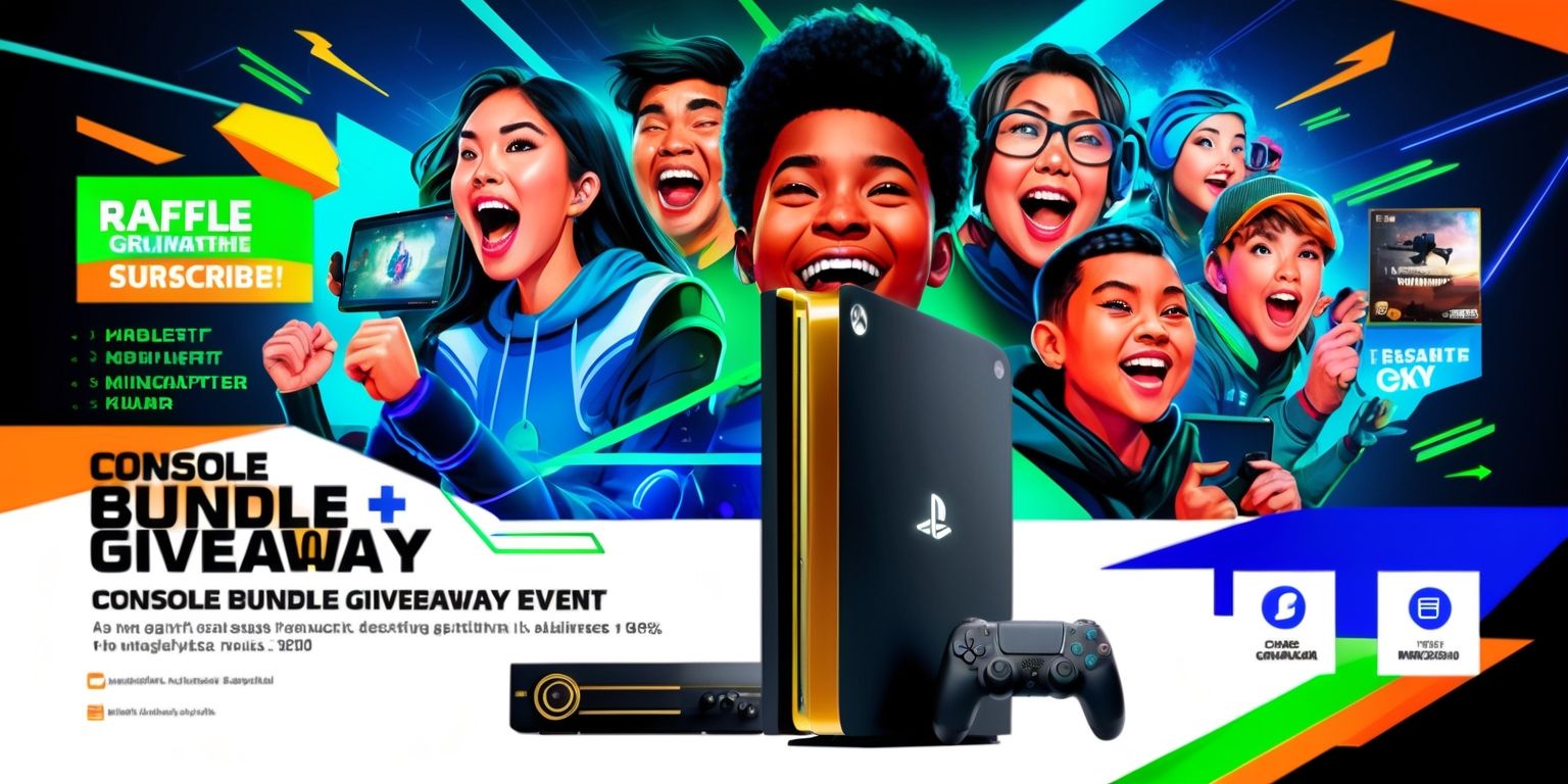 A vibrant and futuristic illustration of a console bundle giveaway event, featuring a sleek next-generation gaming console and a popular digital game, set against a backdrop of excited gamers from diverse ethnicities and age groups, with facial features conveying thrill and anticipation, surrounded by social media graphics and newsletter icons, in a palette of bright colors including electric blue, neon green, and fiery orange, with sleek lines, geometric shapes, and a modern style, and bold fonts announcing the raffle details, including subscription and engagement calls to action, with the console and game logos prominently displayed in metallic silver and gold, and a sense of energy and movement, capturing the essence of technological innovation and gaming excitement.