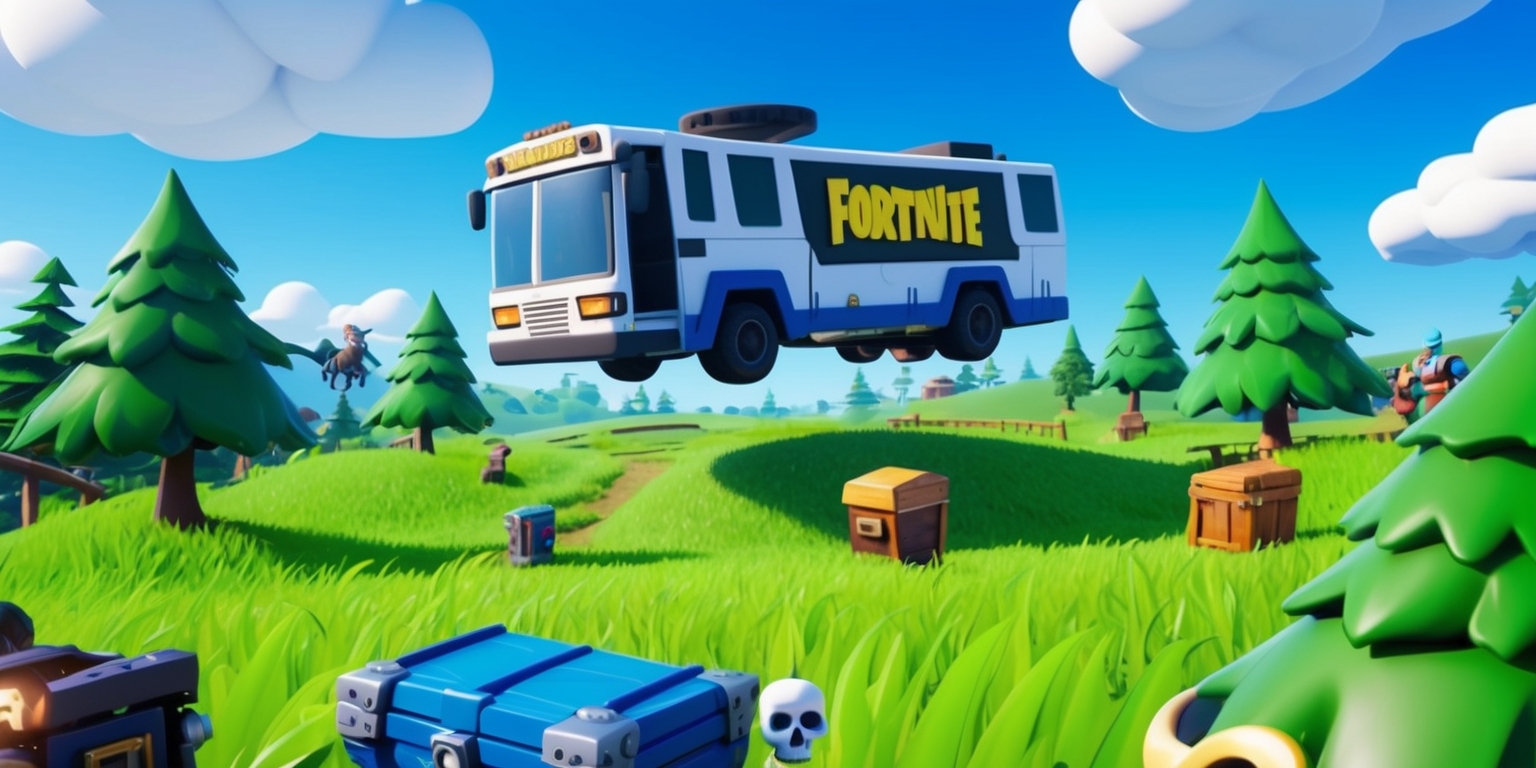 A vibrant digital illustration of the Fortnite game, featuring a battlebus descending upon a lush, green landscape with cartoon-style trees and rolling hills, set against a bright blue sky with puffy white clouds, with Loot Llamas, chests, and other iconic elements scattered throughout, rendered in a stylized, exaggerated 3D style reminiscent of the game's distinctive visuals, with bold lines, bright colors, and a sense of dynamic energy, as if the scene is about to spring to life, potentially including popular characters like Skull Trooper or Cuddle Team Leader in the foreground, with detailed textures, shading, and lighting that evoke a sense of fun and adventure.