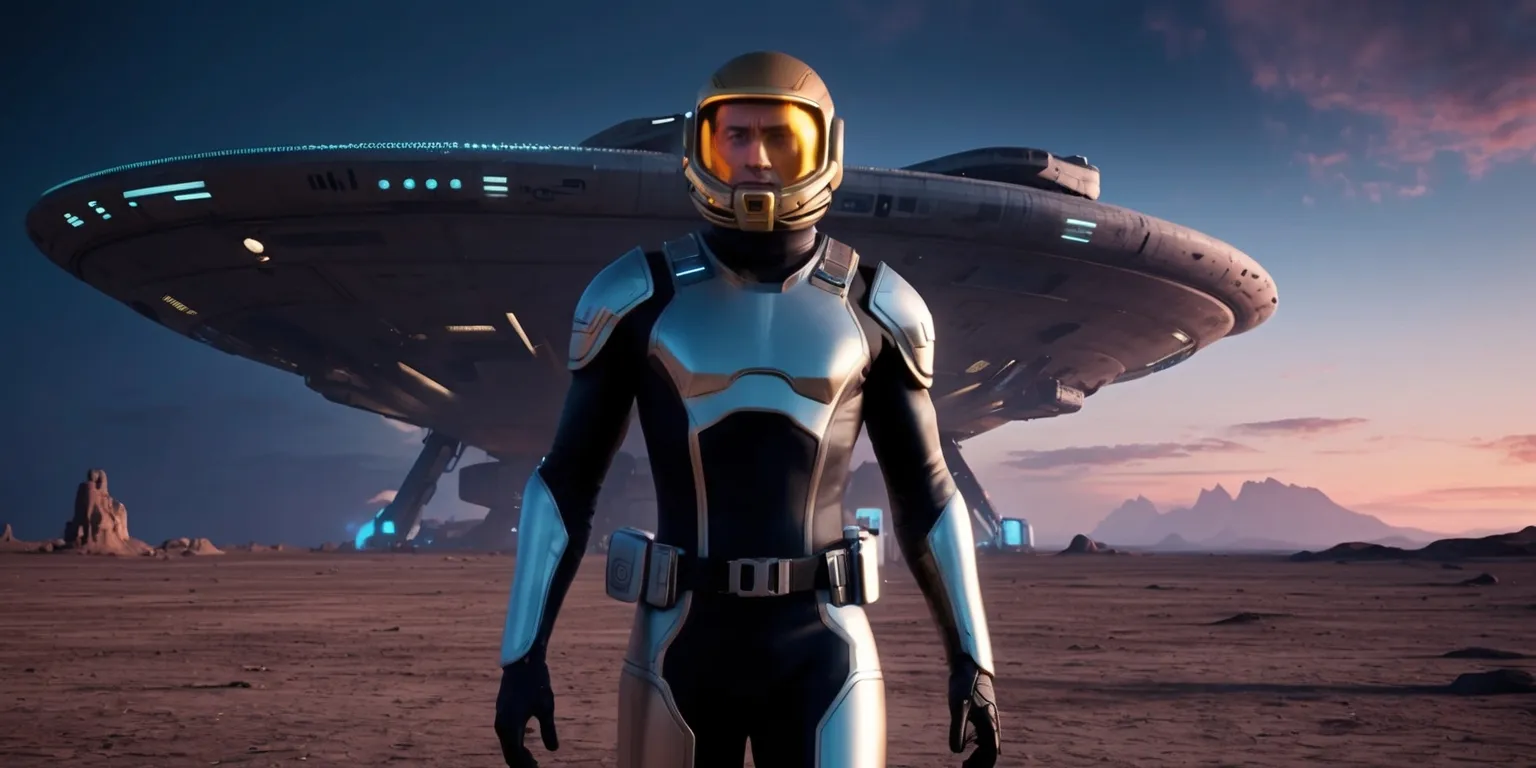 A futuristic video game scene from Pragmata with a spaceman in a sleek black and silver suit standing on a barren planet surface, surrounded by a desolate landscape with a massive spaceship in the background, the astronaut's face visible through a helmet with a golden visor, his skin tone a warm beige, with a determined expression, the suit adorned with metallic accents and a utility belt, the planet's sky a deep shade of indigo during twilight, with hints of crimson and orange, the spaceship's hull illuminated by soft blue and white lights, and a subtle glow effect emanating from the ship's engines, the overall atmosphere ominous and mysterious, with a sense of adventure and exploration.