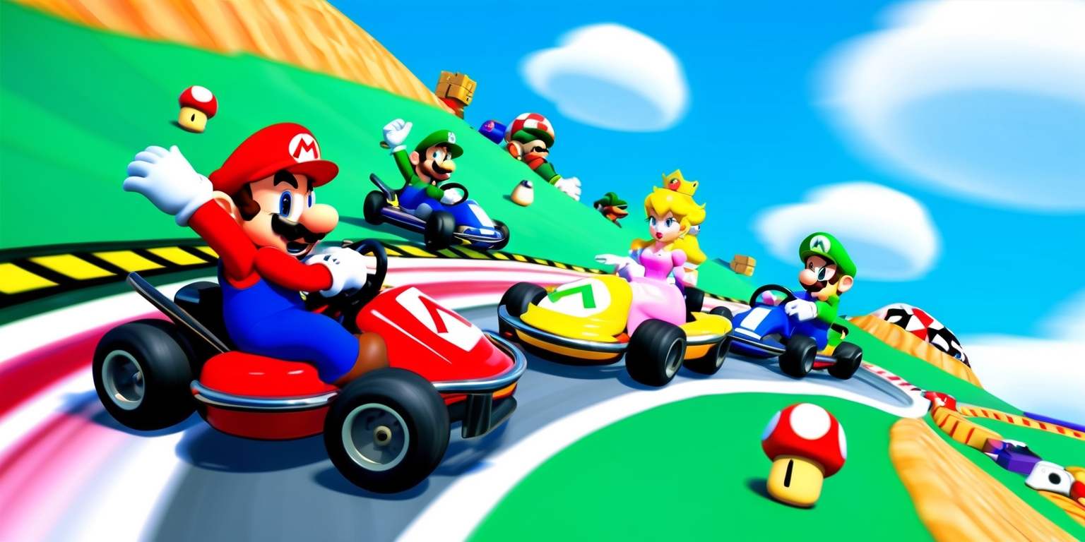A vibrant and dynamic illustration of a Mario Kart game in action, set against a bright blue sky with fluffy white clouds, featuring Mario, Luigi, Princess Peach, and Bowser racing their colorful karts on a winding track with steep hills and sharp turns, surrounded by iconic Mario Kart elements such as question mark blocks, mushrooms, and shells, with a subtle blur effect to convey a sense of high-speed motion, rendered in a stylized, exaggerated, and playful style reminiscent of the classic video game, with bold lines, bright colors, and a focus on fun and excitement, with the characters' facial expressions showcasing their competitive spirits, Mario's red cap and blue overalls, Luigi's green cap and yellow overalls, Princess Peach's pink dress, and Bowser's menacing scowl, with a slight sense of nostalgic retro charm.
