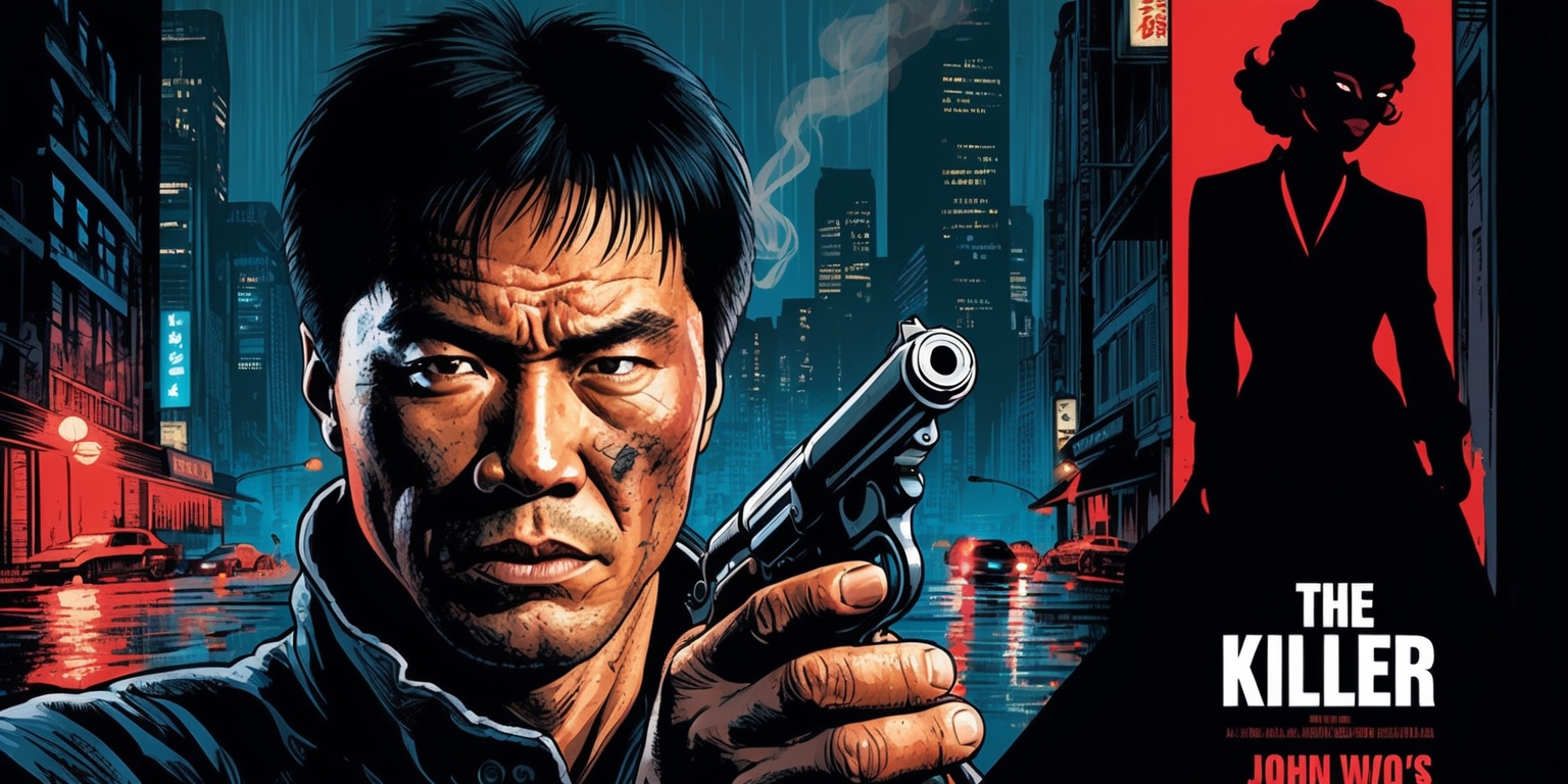 <updated_prompt>
A dimly lit, moody film noir-inspired illustration showcasing a cityscape at dusk, with neon lights reflecting off wet pavement, capturing the essence of John Woo's iconic 1989 film The Killer. In the foreground, a close-up of a tough, rugged, and worn Chow Yun-fat as Ah Jong, grasping a pistol, with a determined look on his weathered, angular face and a cigarette dangling from his lips. In the background, a shadowy silhouette of a femme fatale, perhaps Sally Yuen, with an enigmatic smile and a mysterious gaze, blending into the dark, atmospheric cityscape. The color palette is a blend of deep blues, dark greys, and fiery reds, evoking the intense action sequences and emotional turmoil of the film. The illustration style is a mix of comic book-inspired imagery and gritty, realistic textures, reflecting the balance between nostalgia and originality that Woo's film embodies.