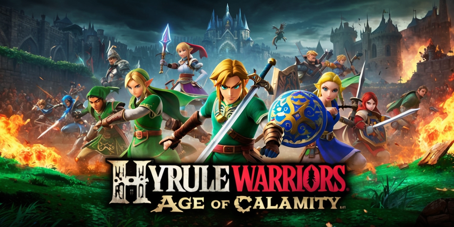 A vibrant action-packed scene from Hyrule Warriors: Age of Calamity game, set in a fantasy world with medieval-inspired architecture, featuring a multitude of characters from the Legend of Zelda series, including Link, Zelda, and other notable heroes, with intricate details on their armor, weapons, and facial features, surrounded by a chaotic battlefield with flames, smoke, and destroyed environments, in the background a dark and ominous sky with a majestic castle in the distance, the characters are positioned in a dynamic layout with a focus on Link in the center, wielding the Master Sword, with a bold and colorful visual style, incorporating shades of green, blue, and golden colors, with text overlay in a bold, medieval-inspired font, displaying the game's logo and title in a metallic silver color.