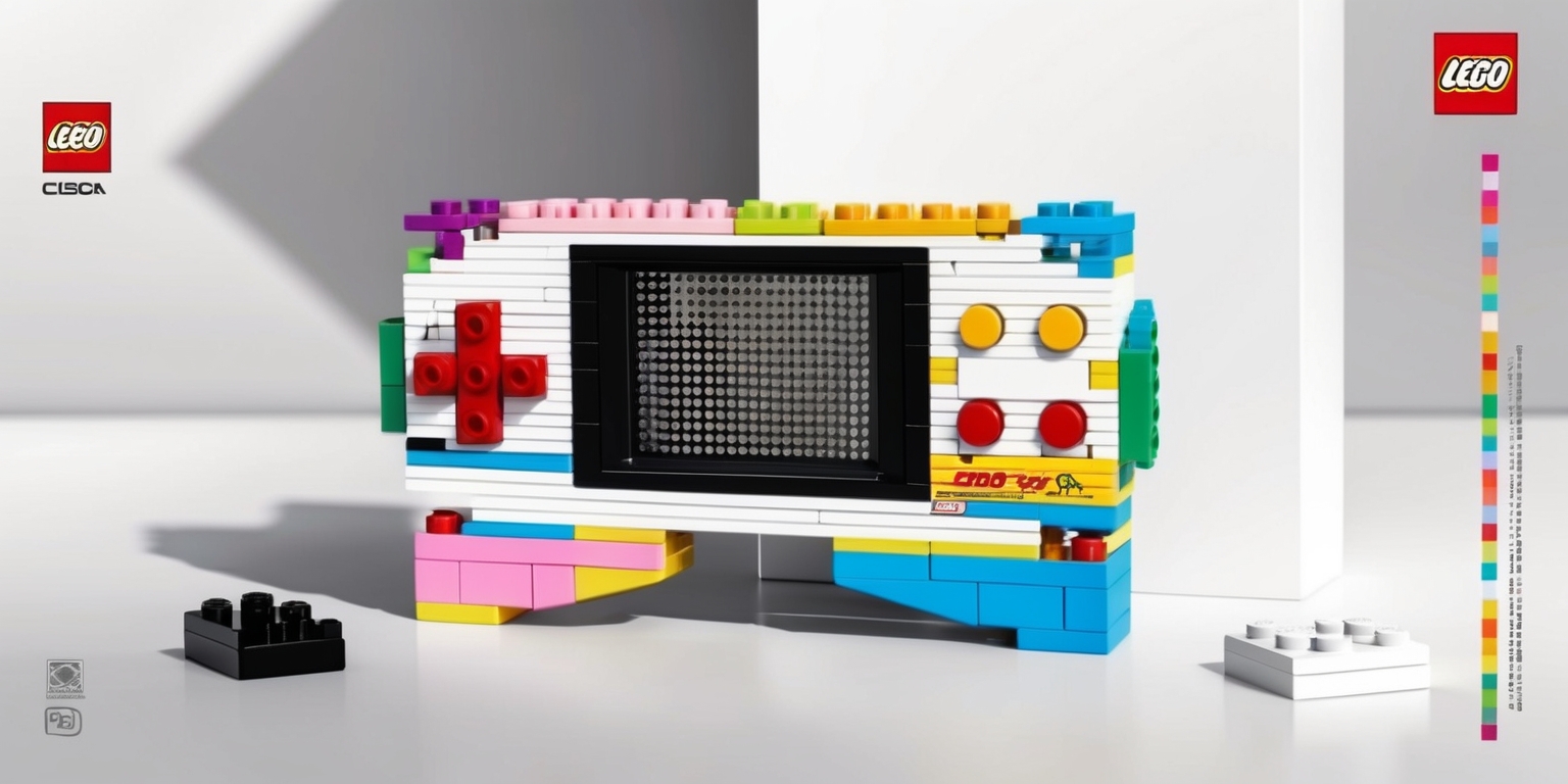 A detailed illustration of a retro handheld gaming console made entirely out of LEGO bricks, with a mix of bright and pastel colors, featuring a small screen, directional pad, and buttons, all crafted from meticulously arranged LEGO pieces, set against a clean and minimalist background that allows the nostalgic gaming device to be the main focus, with the LEGO logo subtly integrated into the design, and the overall aesthetic exuding a sense of nostalgia and playfulness, capturing the essence of classic gaming in a unique and creative LEGO interpretation.