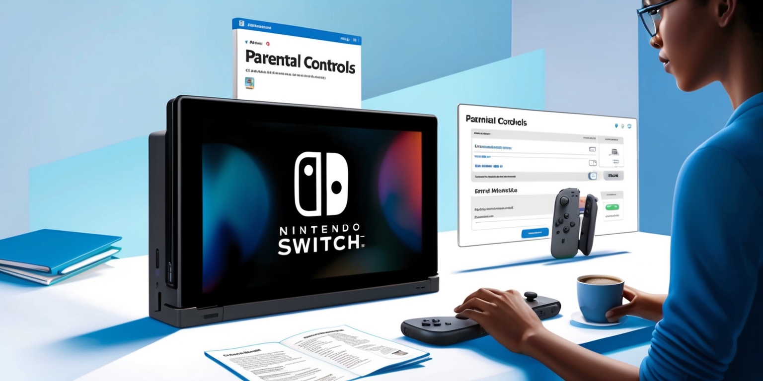 A detailed illustration of a Nintendo Switch 2 console with a large screen displaying the parental controls menu, set against a minimalist background with a mix of calming blue and white hues, the console itself is placed on a sleek, modern desk with a few guides and manuals scattered around it, a pair of glasses and a cup of coffee nearby, indicating a focused and informed parent navigating the controls, the on-screen menu is clear and easy to read, with bold black text and simple icons, the parental controls interface is divided into sections with headings in a clean, sans-serif font, and a few checkboxes and dropdown menus are visible, with a large apply button at the bottom of the screen, the overall style is modern and digital, with a subtle gradient effect on the background to give it some depth.