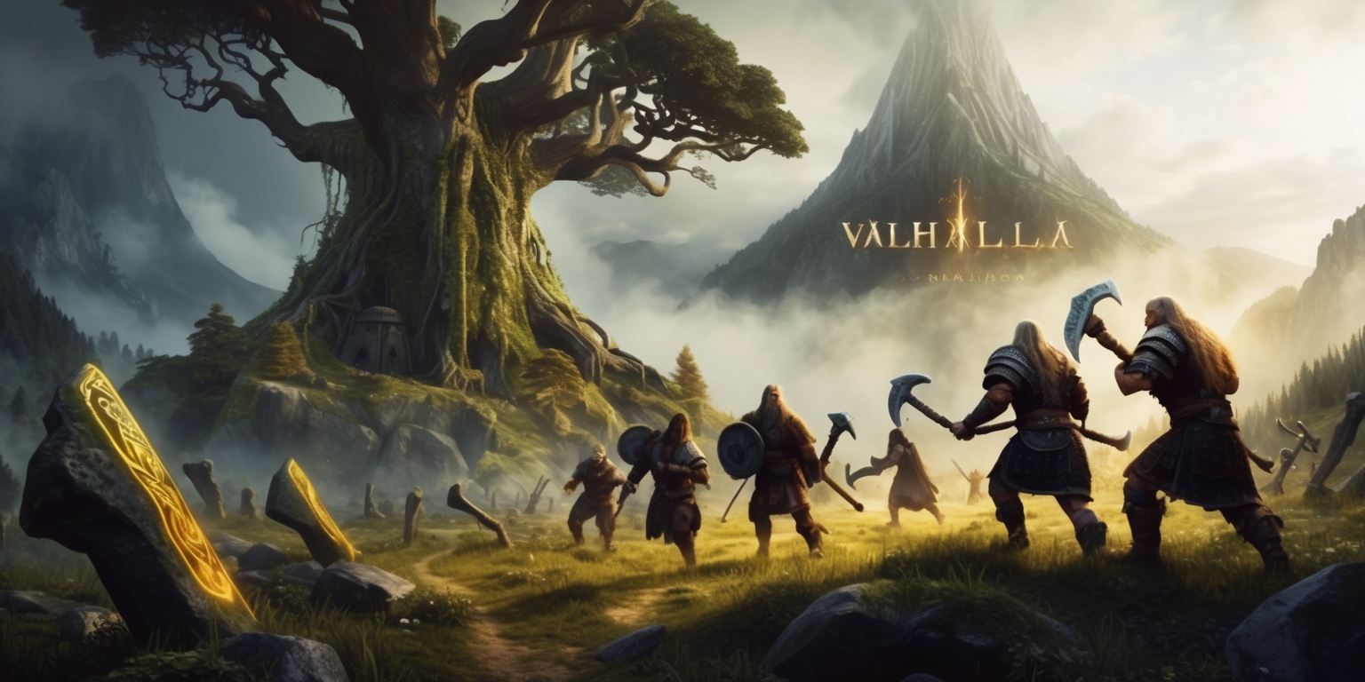 A dramatic, high-fantasy illustration of Valhalla, the mythical Norse afterlife, set as a lush, vibrant survival game environment, with a misty, golden-lit atmosphere and towering, ancient trees with gnarled branches, surrounded by sprawling, mist-covered mountains and mystical, glowing runes protruding from the ground, as windswept Viking warriors, clad in worn, battle-scarred armor and carrying mighty, intricately designed battle-axes, explore the terrain, navigating treacherous terrain and fending off fearsome mythical creatures, with a subtle, shimmering aura of magic and wonder in the air.