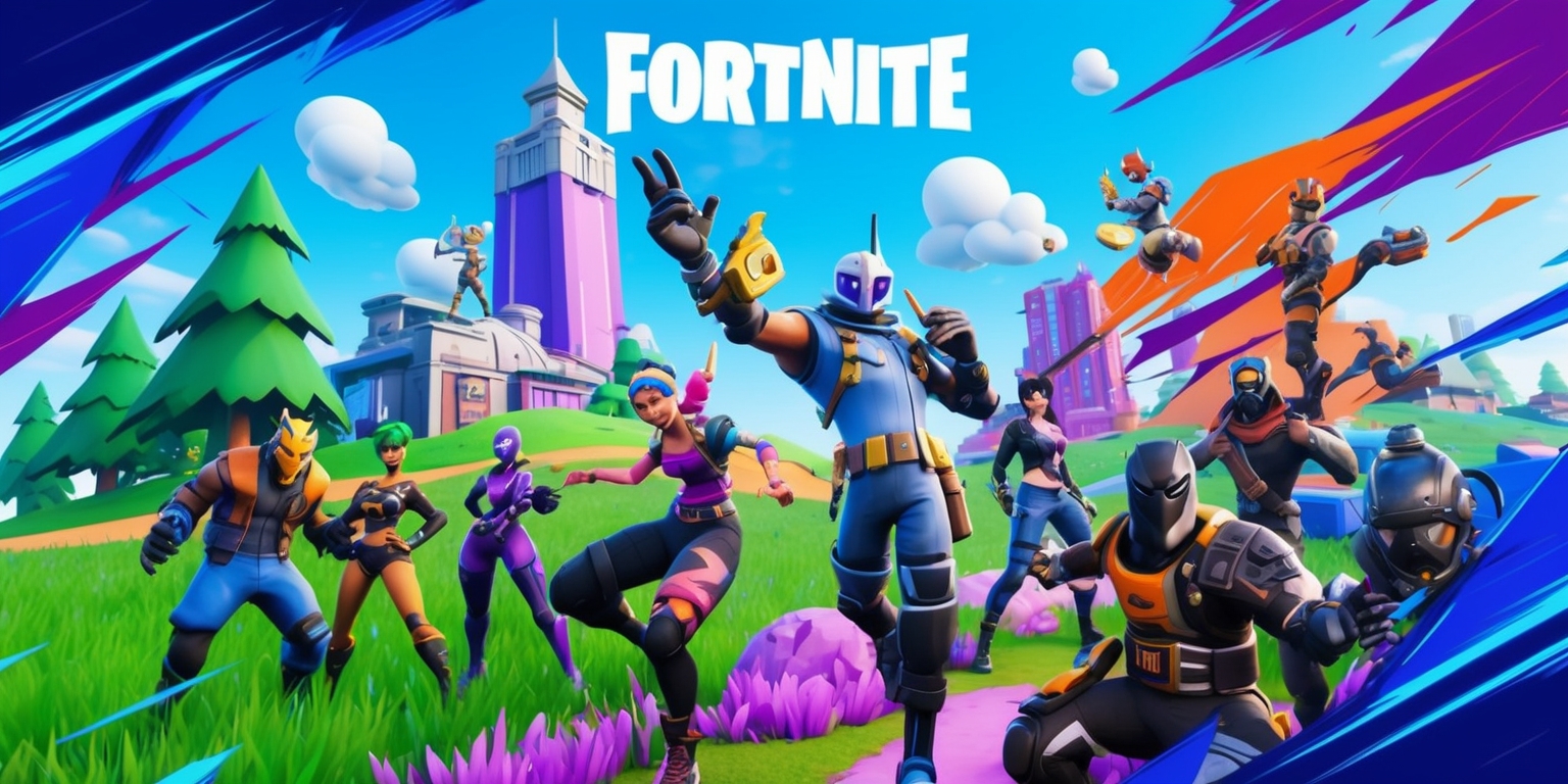 A vibrant and action-packed digital artwork depicting a Fortnite game scene, set in a virtual environment with a mix of futuristic and fantasy elements, featuring popular characters such as skins and outfits with unique accessories, amidst a colorful landscape with lush green trees, tall buildings, and rolling hills, under a bright blue sky with puffy white clouds, with a dynamic composition and bold lines, incorporating a palette of bright colors including blues, purples, and oranges, and a sense of intense energy and excitement, with characters showcasing various facial expressions and emotions, and incorporating the Fortnite logo in a modern, bold, and colorful font style.