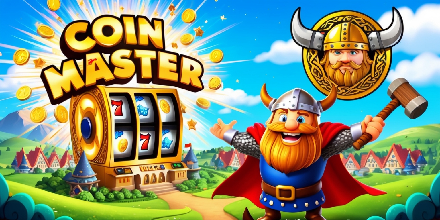A vibrant, high-energy illustration of Coin Master, a popular mobile game, showcasing a whimsical, cartoonish kingdom with a majestic Viking-themed village surrounded by lush greenery and rolling hills, with a giant spinning slot machine in the center, emitting a radiant glow, coins, and stars bursting out of it, against a bright blue sky with fluffy white clouds, featuring a jovial, bearded Viking character with a wide smile and a sparkle in his bright blue eyes, dressed in a gleaming golden armor and a red cape, holding a rustic wooden hammer, standing triumphantly on top of the slot machine, with the game's logo, a stylized golden coin with a Viking helmet, prominently displayed above the village, in bold, metallic gold lettering, surrounded by intricate, Celtic-inspired patterns and ornate details.