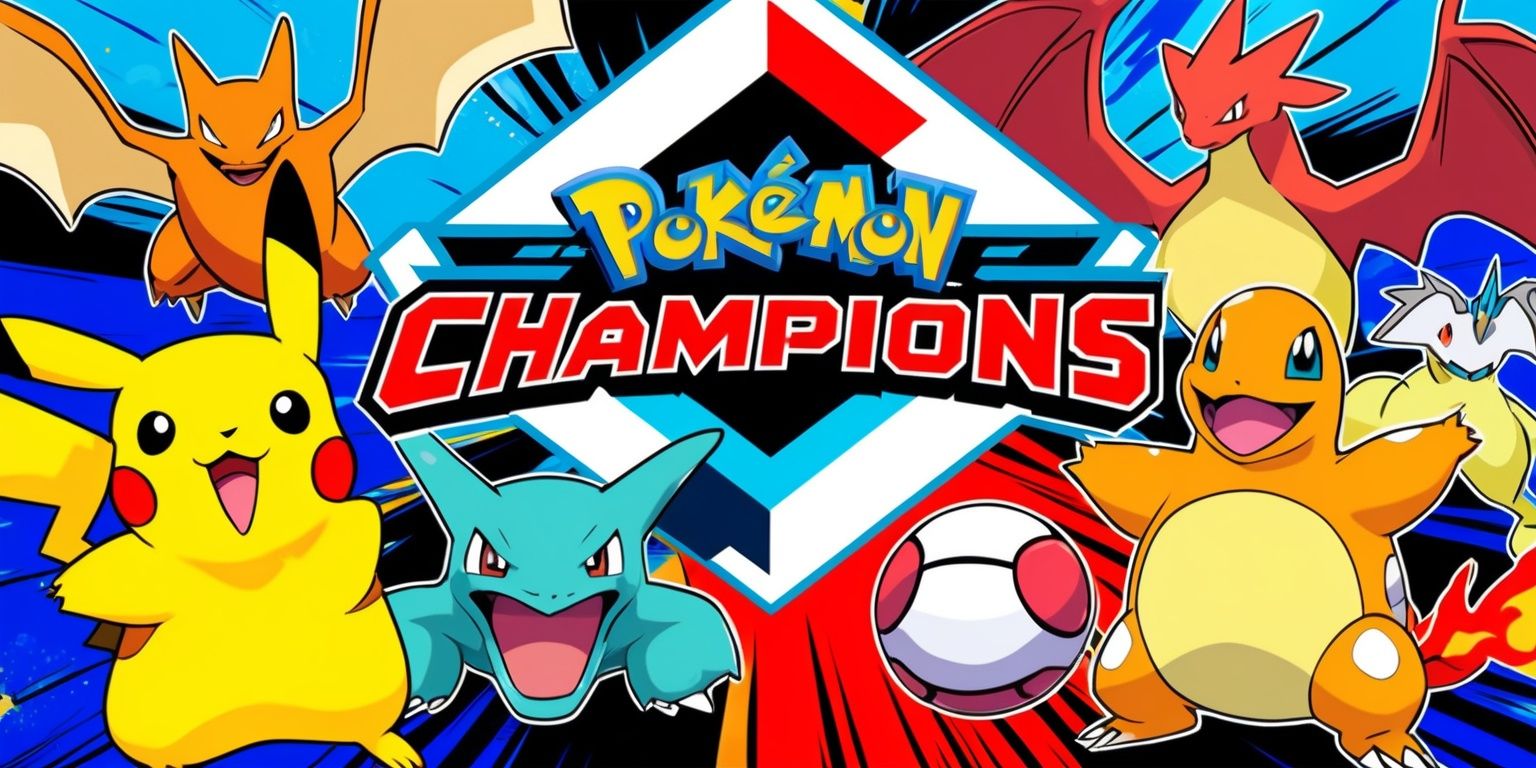 A vibrant and dynamic illustration of the Pokémon Champions game, featuring a variety of popular Pokémon characters, including Pikachu, Charizard, and Blastoise, set against a bold and colorful background with a mix of bright blues, reds, and yellows, with the game's logo prominently displayed in a modern, sleek font, possibly with a few Champions' trophies or badges scattered throughout the scene, and the overall style resembling a blend of anime and digital art, with bold lines, textures, and expressive facial features on the Pokémon, capturing the excitement and energy of the game.
