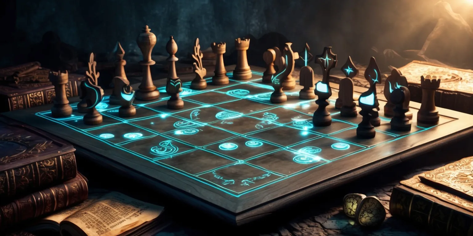 A dimly lit, mystical chessboard with intricately carved wooden pieces, set against a faded, mystical background, with glowing, ethereal symbols etched into the squares, as a hint of a dungeon crawler game elements, such as health bars, skill trees, and loot tables, subtly integrated into the chessboard's design, with a mix of medieval and fantasy elements, and a sense of adventure, the chess pieces themselves are ornate, with unique, glowing runes, and the board is surrounded by old, leather-bound tomes, and strange, ancient artifacts, with a warm, golden light casting a glow over the scene.