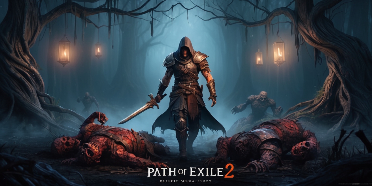 A dark fantasy action RPG scene depicting the Path of Exile 2 game, set in a dimly lit, mystical forest with twisted, gnarled trees and eerie mist swirling around the bases of their trunks, illuminated by faint, ethereal lanterns hanging from the branches above. In the center, a lone, armored exile stands victorious, sword in hand, surrounded by the defeated bodies of grotesque, corrupted creatures. The exile's facial features are obscured by a hood, their skin weathered and worn from years of battle, with intricate, mysterious tattoos covering their arms and torso. The armor is a mix of dark leather and metallic plates, adorned with cryptic symbols and strange, otherworldly gems. The atmosphere is tense and foreboding, with the sense of an ancient, malevolent force lurking just out of sight. The color palette is predominantly dark blues and greys, with splashes of fiery orange and red from the lanterns and the exile's sword.