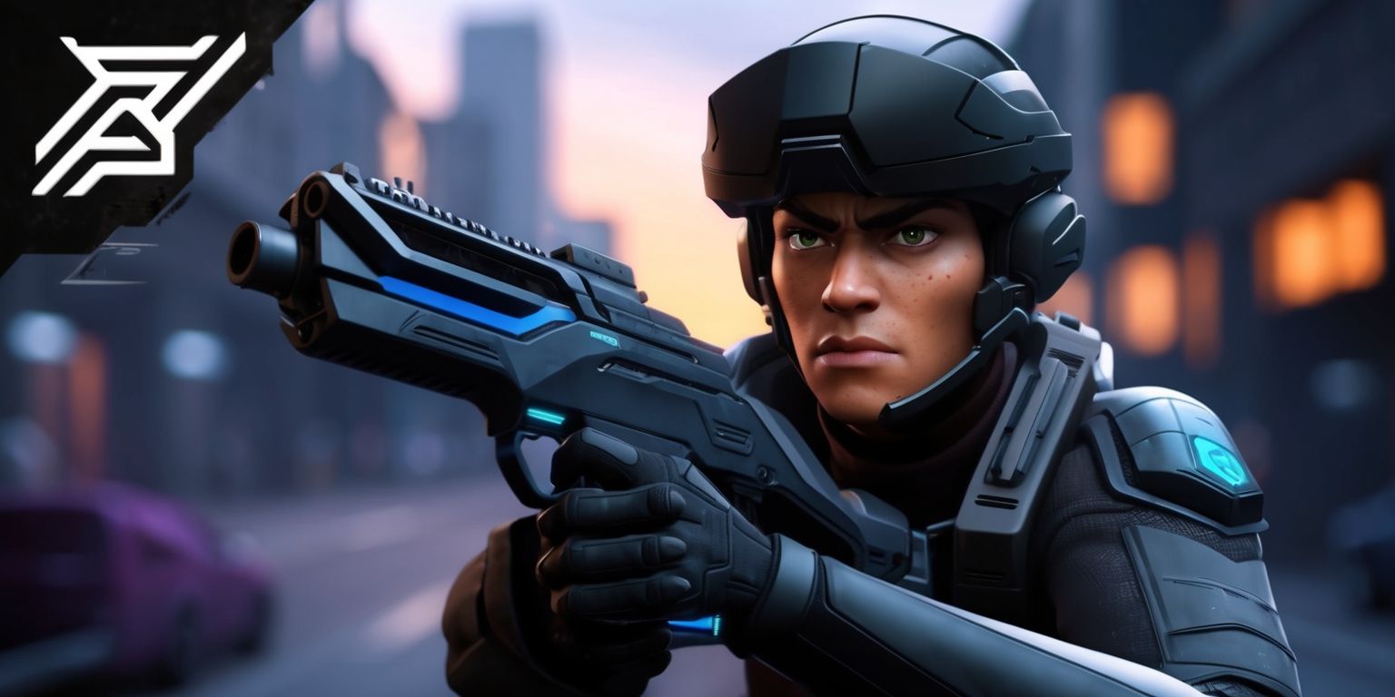 A futuristic mobile tactical shooter game scene with a first-person perspective, set in a dark and gritty urban environment, featuring a character with a determined facial expression, wearing a black tactical helmet and armor, holding a high-tech assault rifle with a sleek design, the game's user interface is minimalistic with bold white and blue accents, the background is a blurred cityscape at dusk with warm orange and purple hues, the overall style is hyper-realistic with sharp lines and detailed textures, the character's skin tone is a medium brown, with a strong jawline and piercing green eyes, the game's logo is emblazoned on the top left corner in a bold silver font with a distinctive shape, the atmosphere is tense and action-packed.