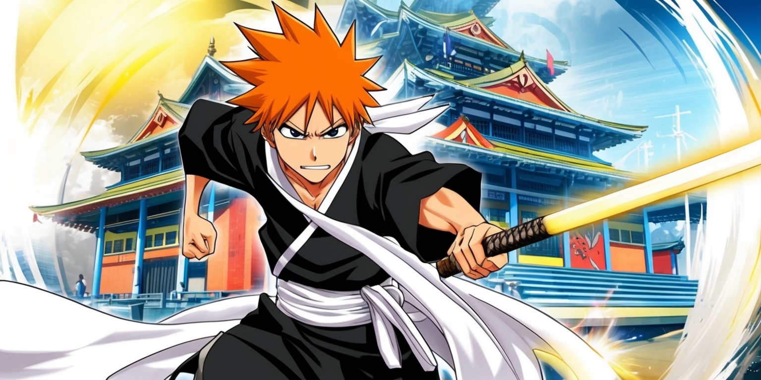 A vibrant and dynamic scene from the Bleach Soul Resonance game, featuring a young Ichigo Kurosaki with spiky orange hair and a determined expression, wearing the traditional Shinigami attire, including a black hakama and a white shihakusho, with a bold and colorful backgrounds of the Soul Society, incorporating a mix of Japanese architecture and spiritual elements, with a hint of golden light and a subtle gradient of blues and whites, showcasing the game's unique art style and attention to detail, with Ichigo's Zanpakuto, Tensa Zangetsu, visible at his side, and a subtle glow effect to represent the Soul Resonance ability.