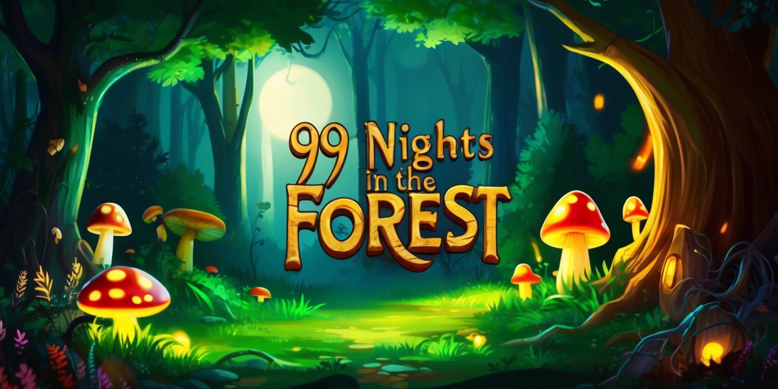 A mystical forest scene inspired by the 99 Nights in the Forest game, with a warm and eerie color palette, featuring lush green trees with glowing mushrooms and fireflies illuminating the darkness, a faint moonlight shining through the canopy above, and a sense of adventure and mystery in the air, with a mix of vibrant and muted colors, and a stylized, dreamlike quality to the overall atmosphere, with intricate details and textures, and a deep sense of immersion, inviting the viewer to step into the enchanting world of the game.