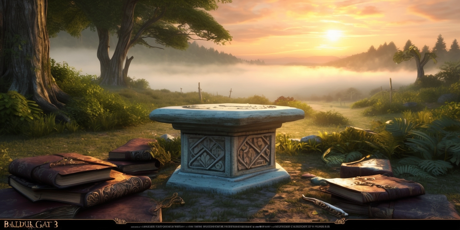 A fantastical, dreamlike scene depicting a serene wilderness landscape inspired by the world of Baldur's Gate 3, a medieval fantasy role-playing game, with lush greenery, towering trees, and misty fog rolling in the distance, set against a warm, golden sunset sky with hues of orange and pink, evoking a sense of adventure and mystery, featuring a subtle, worn, and weathered stone pedestal in the foreground, adorned with intricate carvings and mysterious runes, surrounded by scattered, worn, and battered leather-bound tomes, and maybe a few carefully placed, ornate, and ornamental daggers, with the overall atmosphere exuding a sense of ancient wisdom, forgotten lore, and epic storytelling.